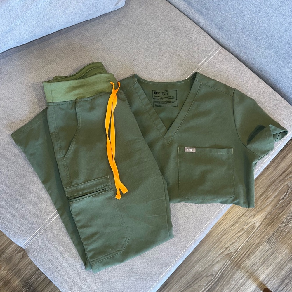 Figs Hunter Green Scrub Set with Bright Orange Accent